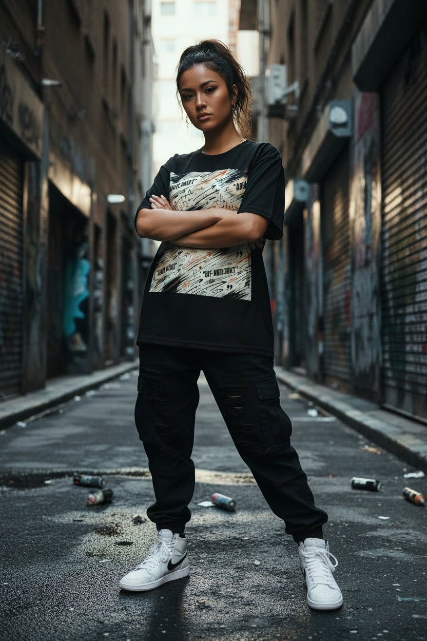 A woman stands in a narrow urban alley with closed storefront shutters, wearing a black graphic T-shirt, black cargo pants, and white sneakers. The shirt features a large rectangular abstract print in beige, white, and black on the front.