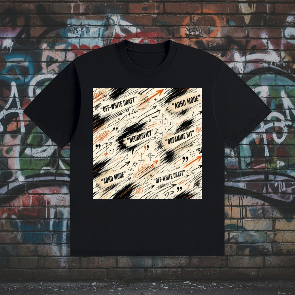 A black short-sleeve t-shirt with a square graphic print on the chest, displayed against a colorful graffiti brick wall background.