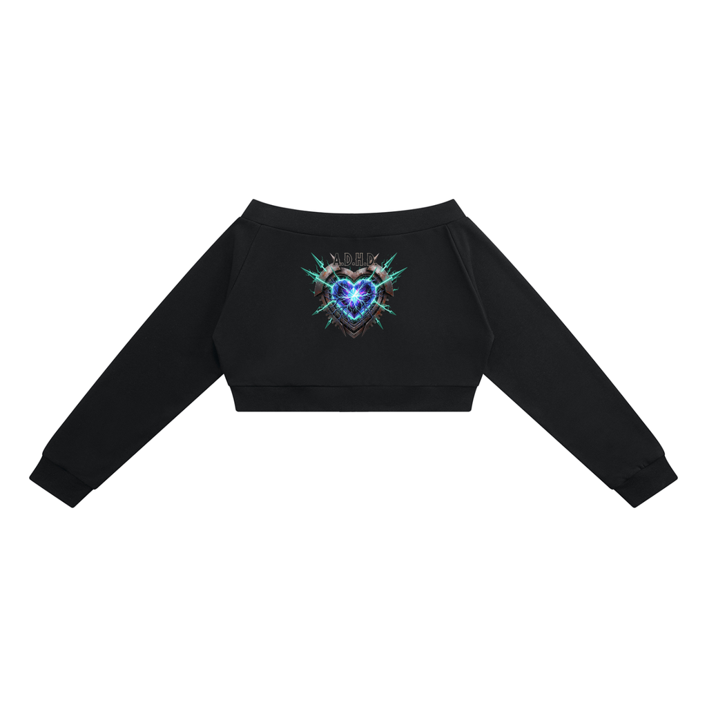 A black long-sleeve cropped sweatshirt with an off-the-shoulder design, displayed flat against a solid white background.