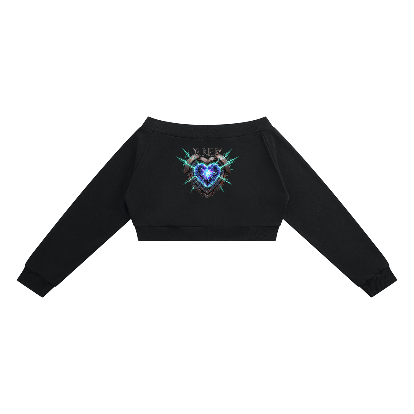 A black long-sleeve cropped sweatshirt with an off-the-shoulder design, displayed flat against a solid white background.