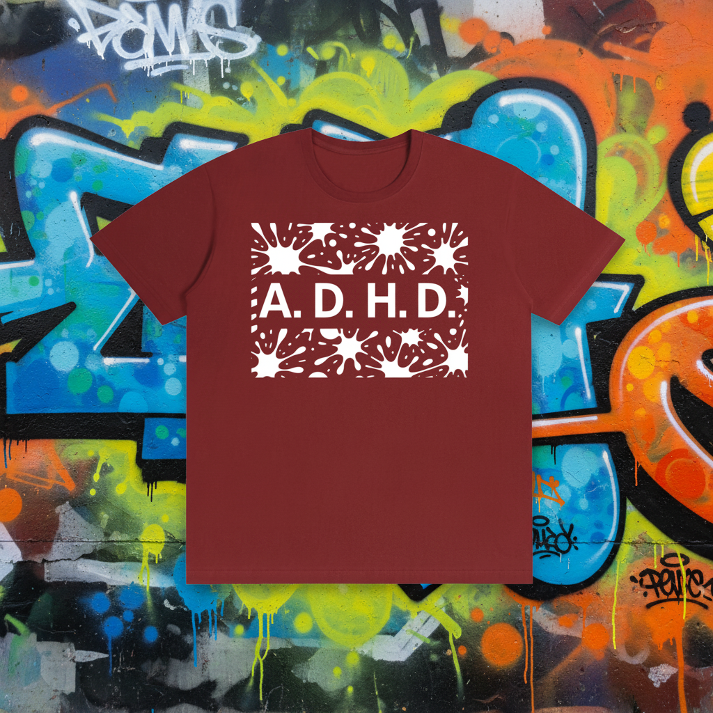 Maroon t-shirt with 'ADHD' on front