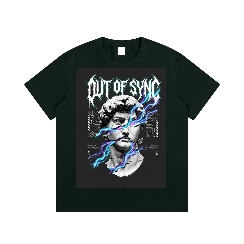 Out of Sync ADHD graphic tee with cracked statue and electric lightning design