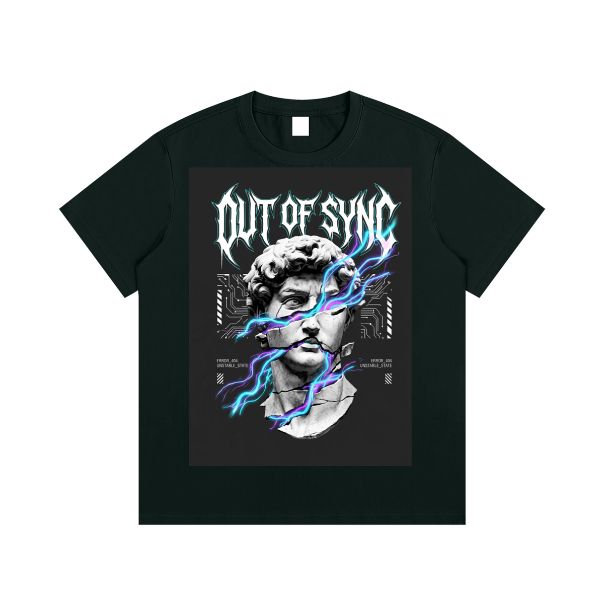 Out of Sync ADHD graphic tee with cracked statue and electric lightning design