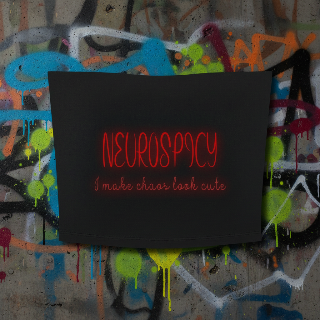 A black rectangular fabric item, likely a towel or blanket, featuring the word 'NEUROSPICY' in red outline lettering and the phrase 'I make chaos look cute' in red cursive script underneath