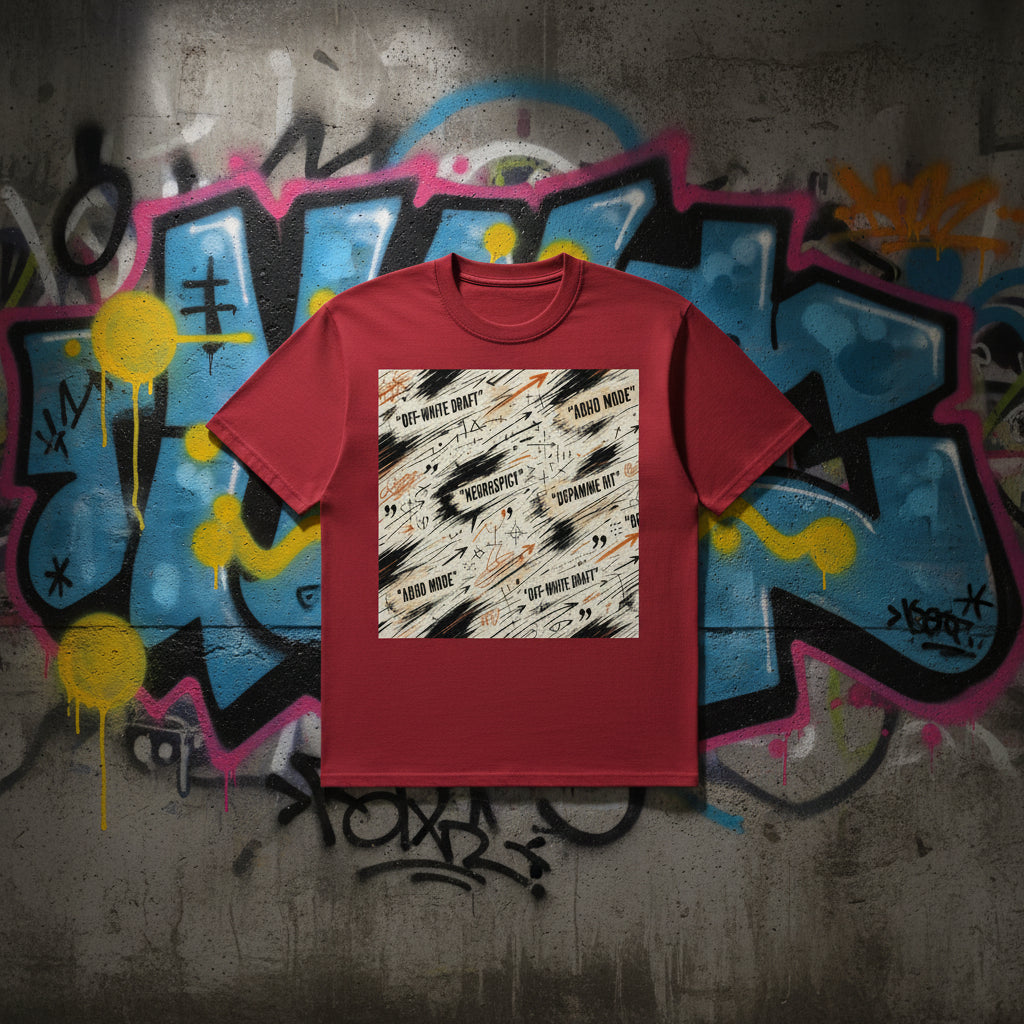 A red short-sleeve t-shirt with a central graphic print featuring the text 'ADHD MODE' and 'NEUROSPICY' over a black and white abstract pattern, displayed against a graffiti-covered concrete wall.
