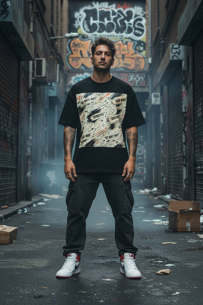 A man stands in a narrow urban alley wearing a black graphic T-shirt with a large abstract white, gray, and orange print on the front, paired with dark cargo pants and white sneakers with red accents.