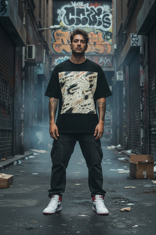 A man stands in a narrow urban alley wearing a black graphic T-shirt with a large abstract white, gray, and orange print on the front, paired with dark cargo pants and white sneakers with red accents.