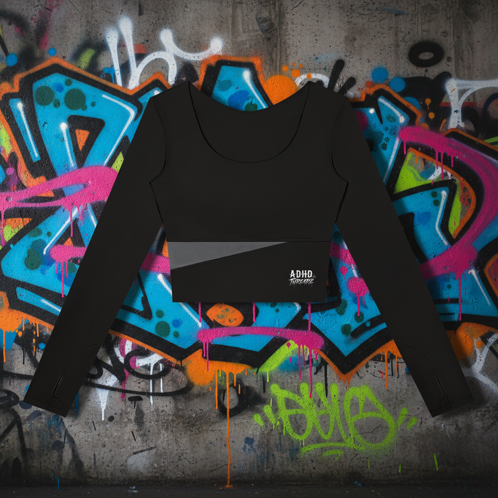 A black long-sleeve crop top with a scoop neckline, featuring a diagonal gray stripe across the waist and a small white geometric logo on the lower right side