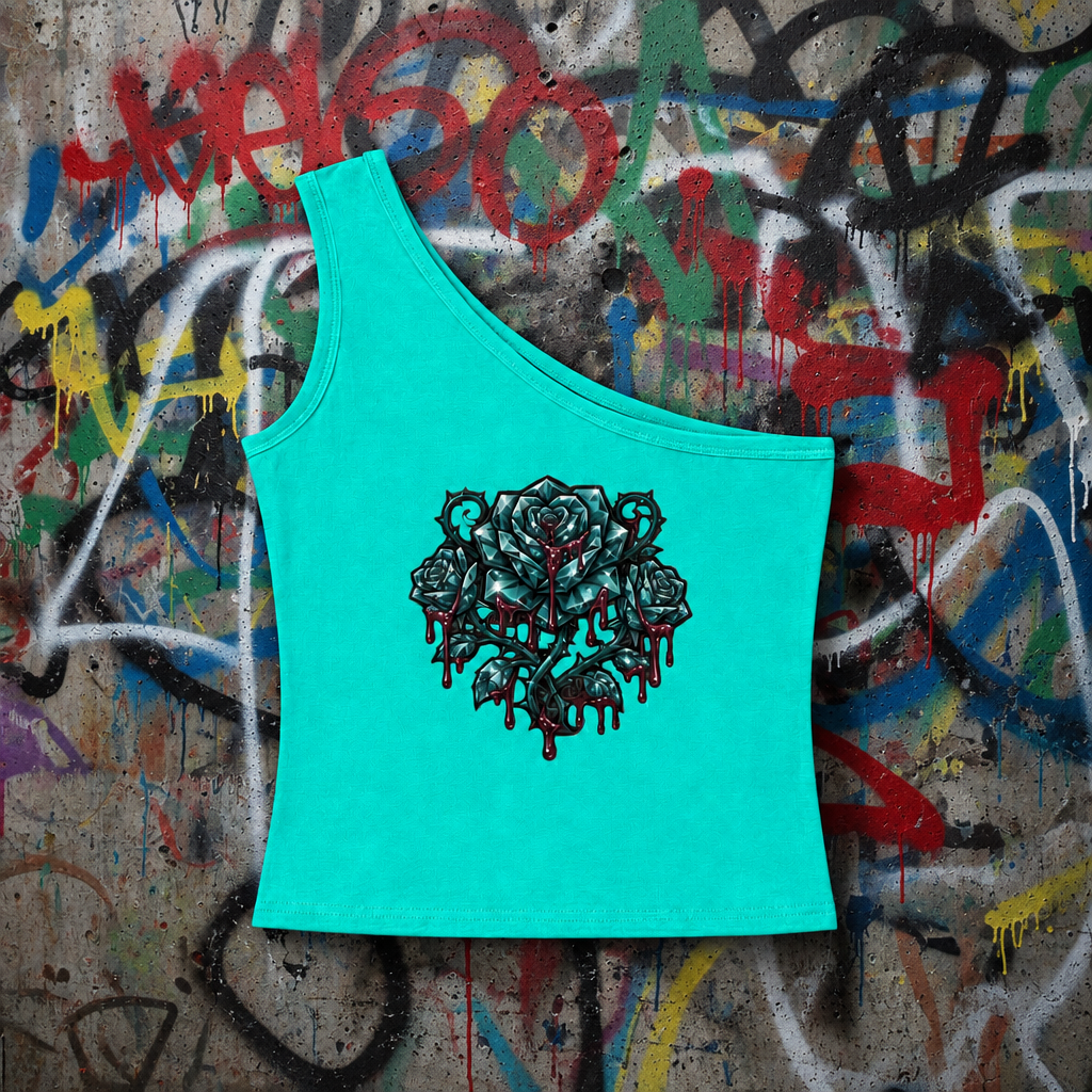 Peacock Green ADHD Diamond Life one-shoulder crop tank on a yellow graffiti background