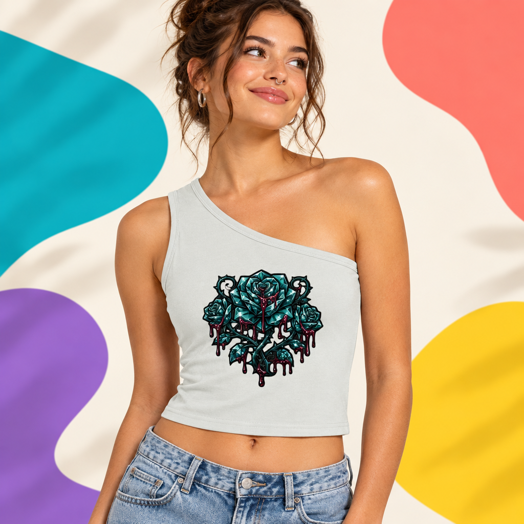 Model wearing light gray ADHD Diamond Life one-shoulder crop tank against a colorful abstract background