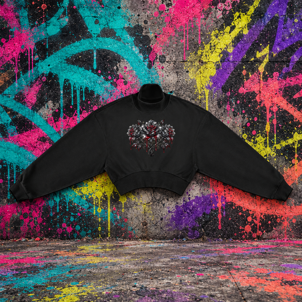 Black ADHD Diamond Roses cropped mock neck sweatshirt against a colorful graffiti wall