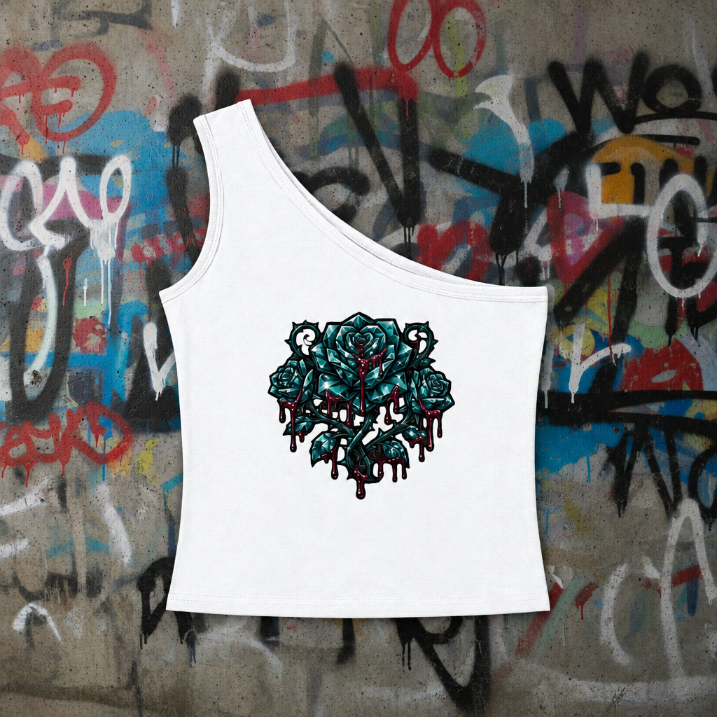 White ADHD Diamond Life one-shoulder crop tank on a purple graffiti background