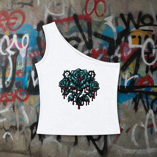 White ADHD Diamond Life one-shoulder crop tank on a purple graffiti background
