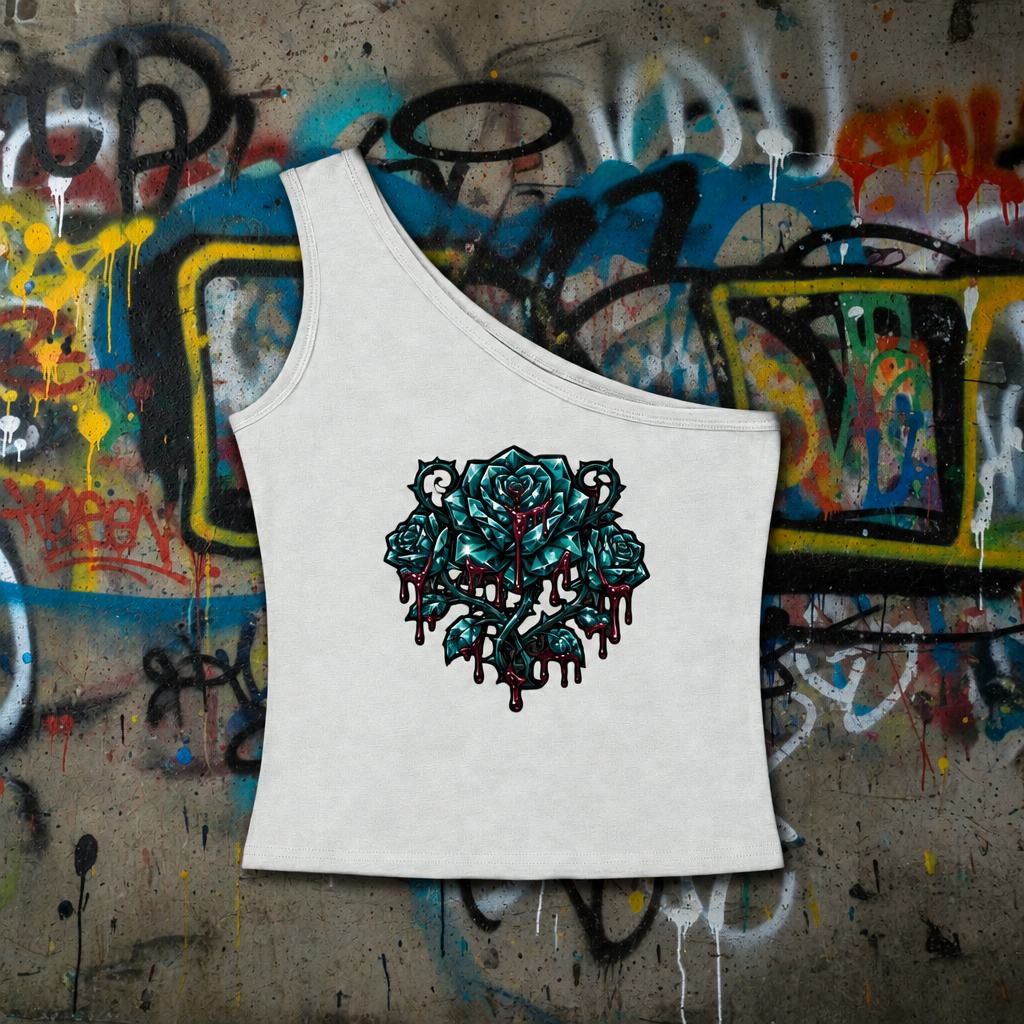 Light Gray ADHD Diamond Life one-shoulder crop tank on a red graffiti background
