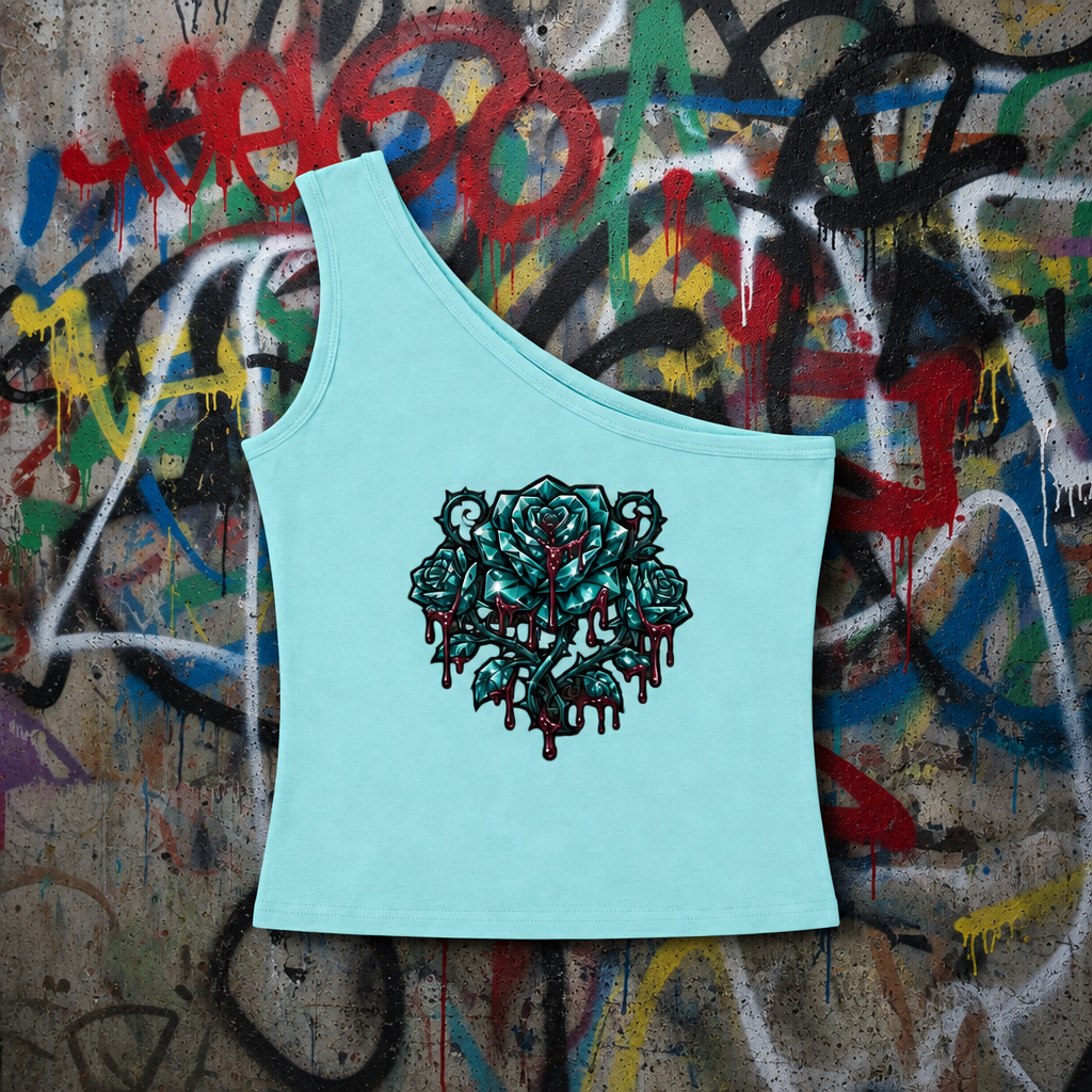 Gray Blue ADHD Diamond Life one-shoulder crop tank on a yellow graffiti background