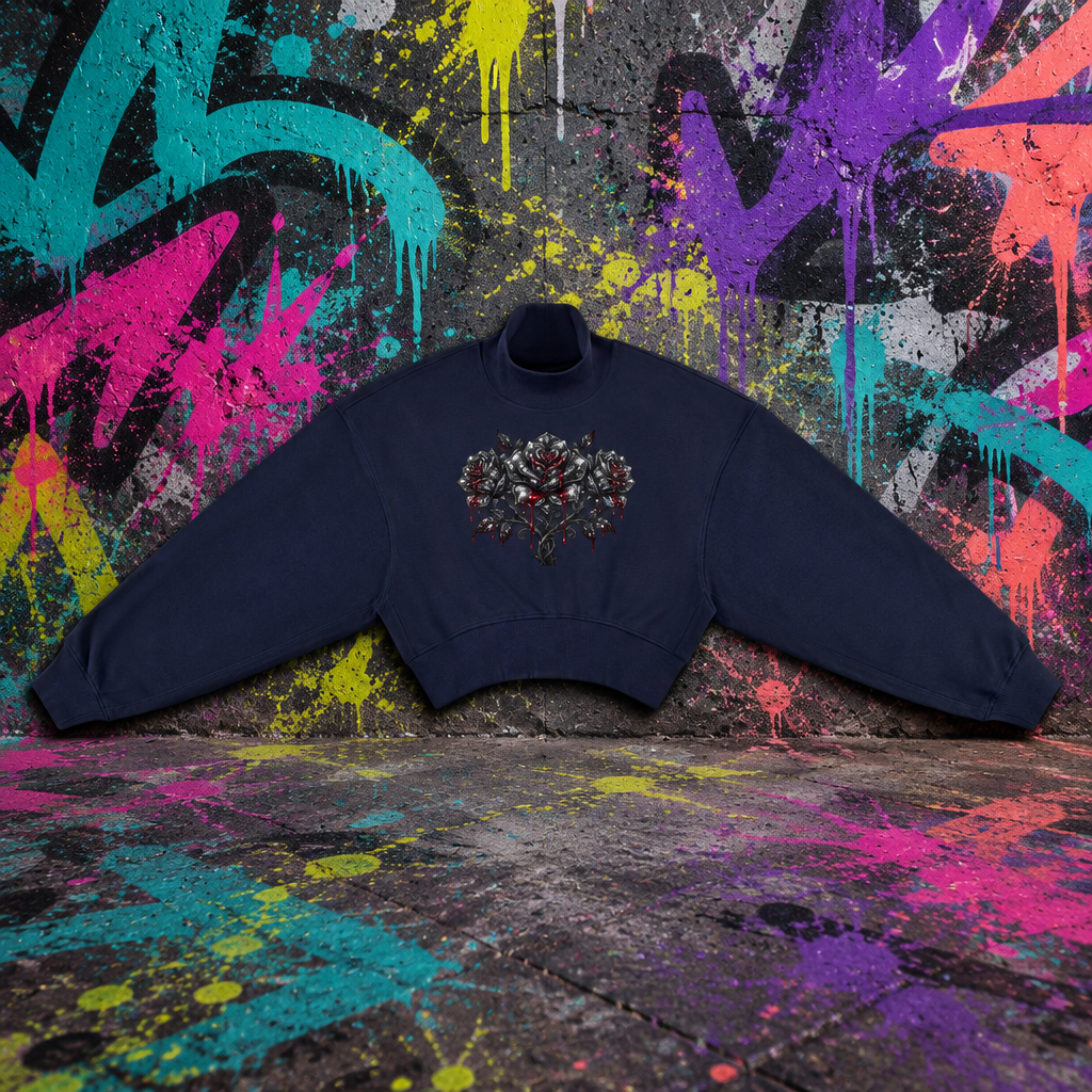 Navy ADHD Diamond Roses cropped mock neck sweatshirt against a colorful graffiti wall