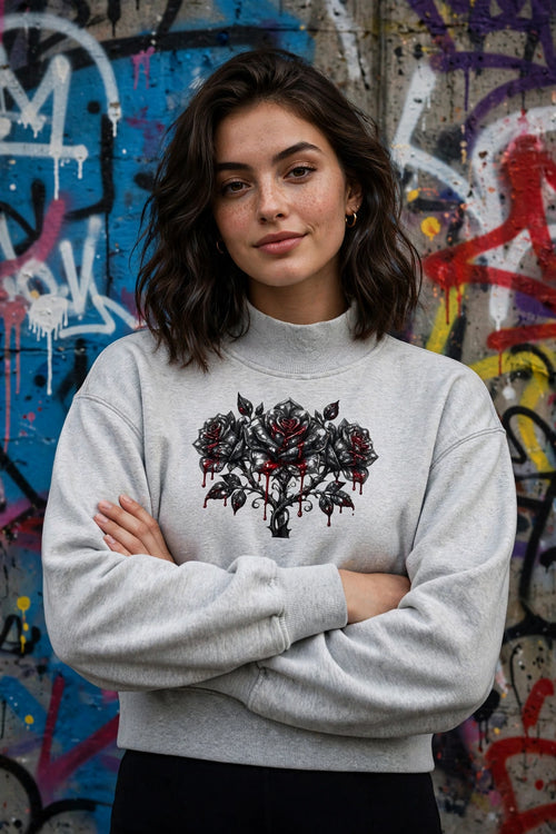 Model wearing ADHD Diamond Roses cropped mock neck sweatshirt, against a graffiti wall