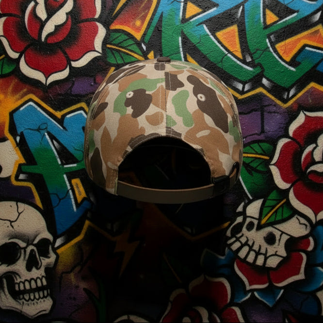 Camouflage-patterned cap with a brown band